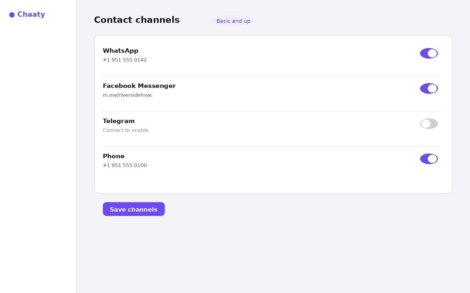 Contact channels with WhatsApp enabled