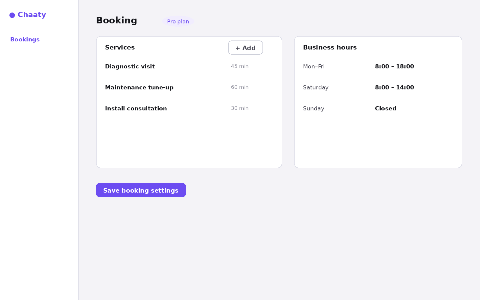 Booking settings: services and business hours
