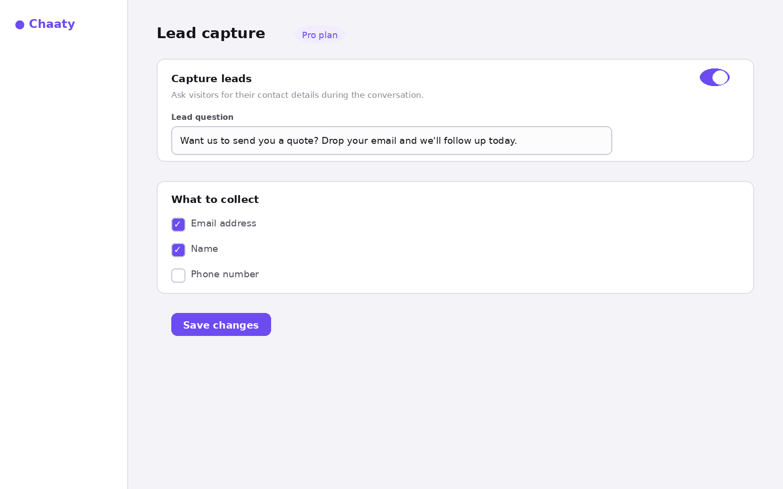 The lead capture settings screen