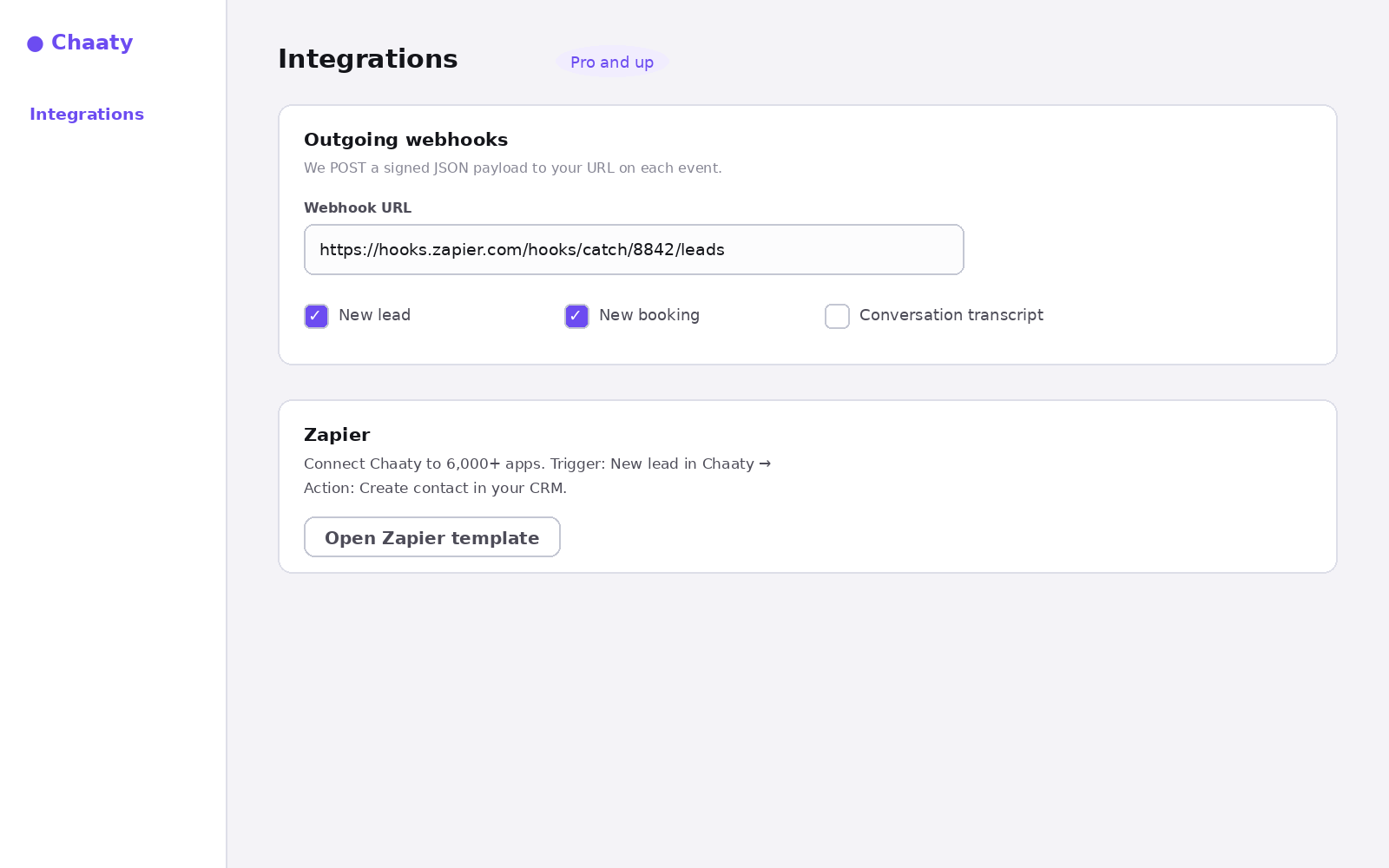 The integrations screen with webhook URL and events