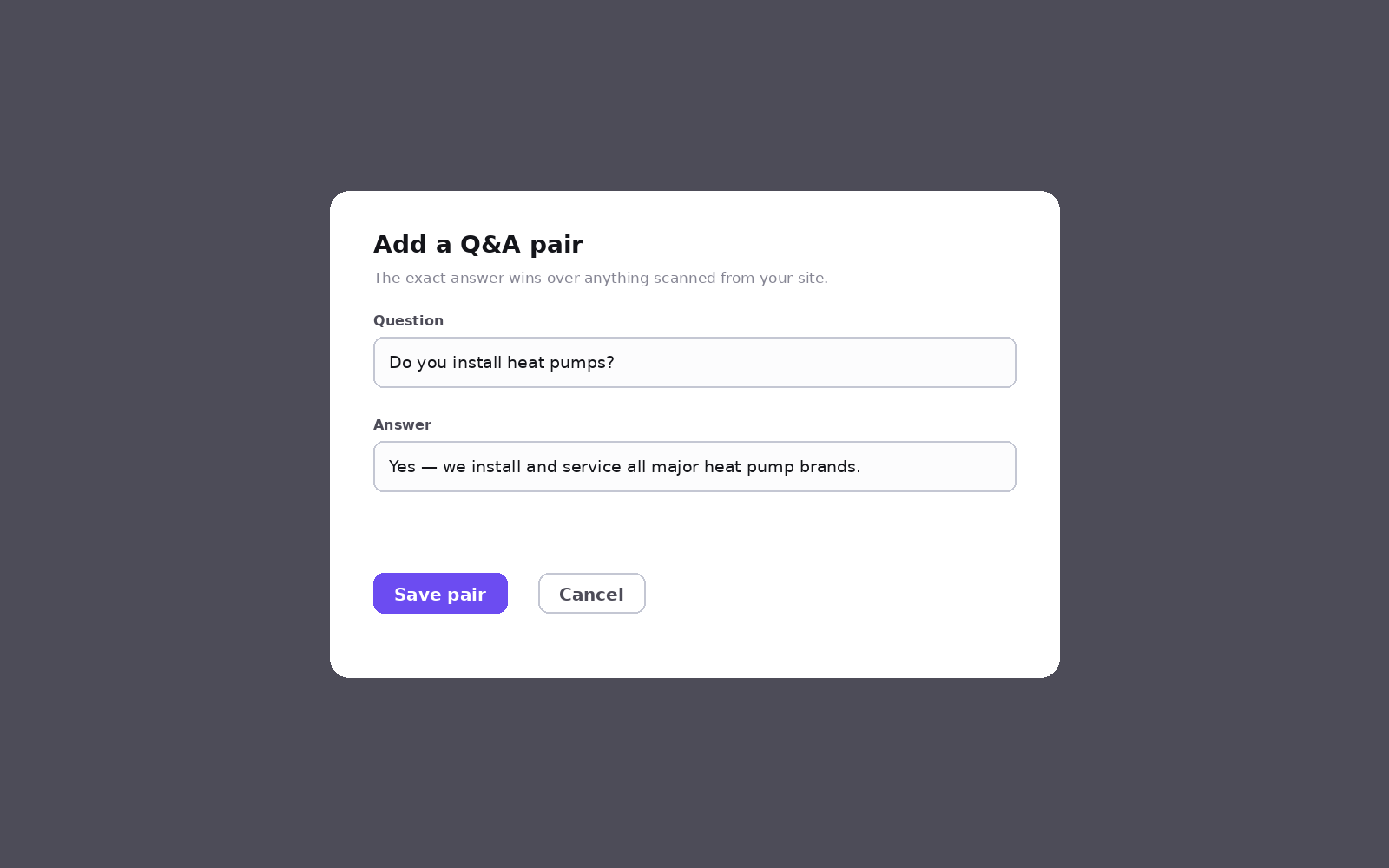 Fixing a wrong answer with a Q&A pair