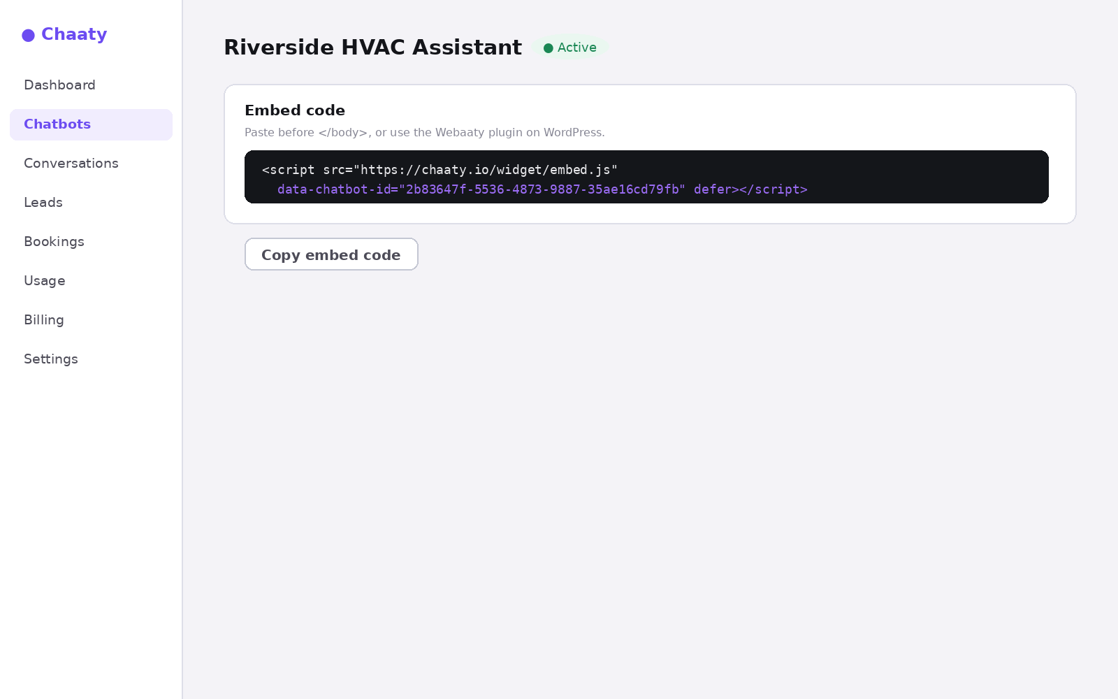 The embed code with the Chatbot ID highlighted