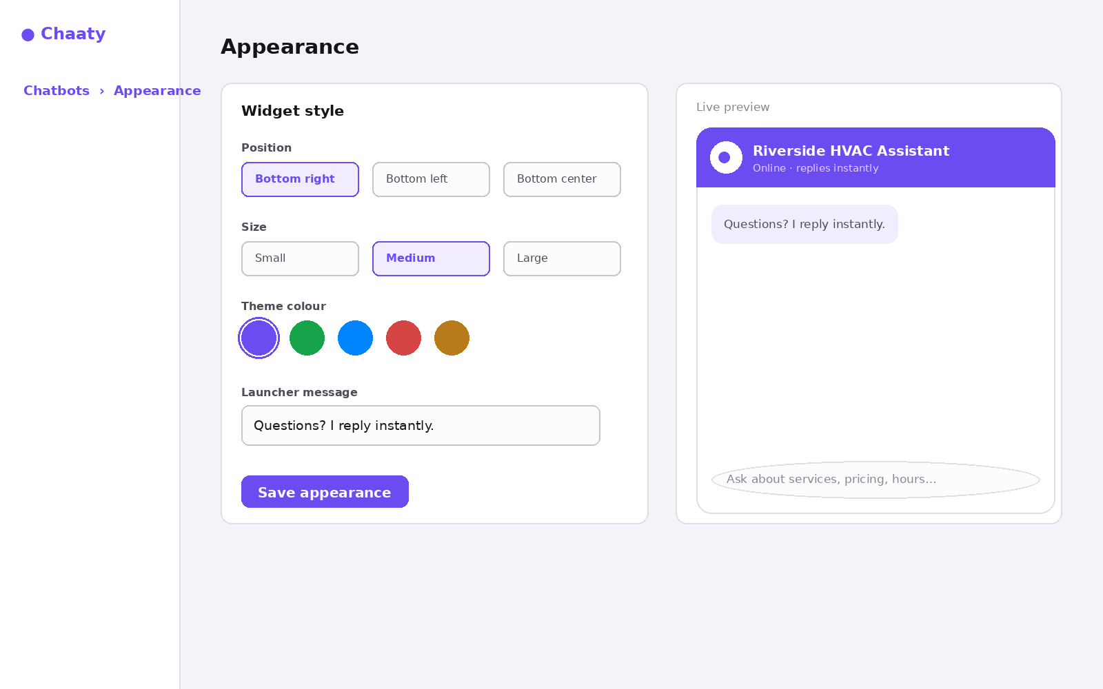 Appearance settings, where branding is controlled