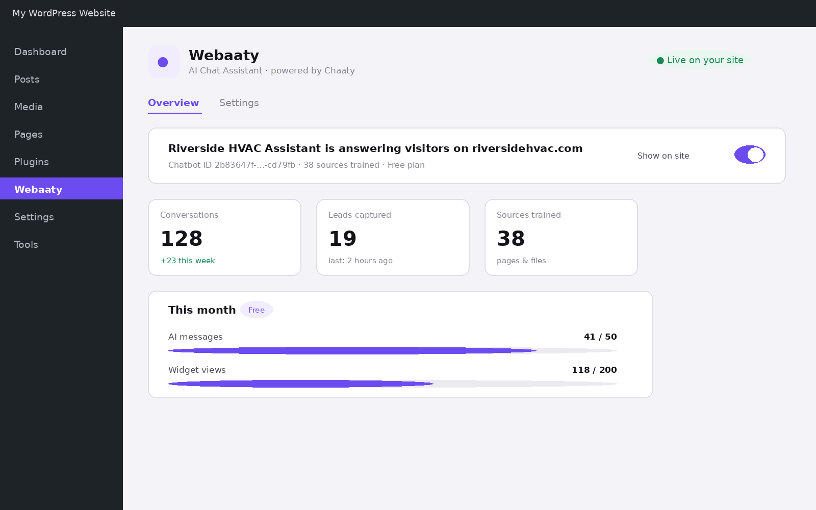 The Webaaty overview with live stats